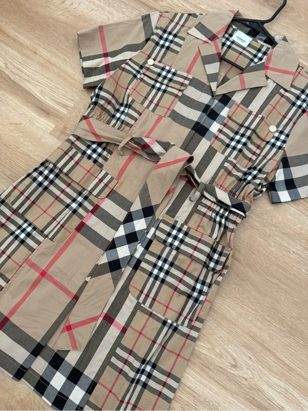 Checkered Short Sleeve Shirt Dress in Beige, Black & Red - Picture 2 of 7